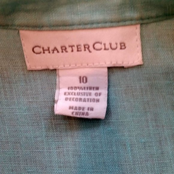 Charter Club 100% Linen Turquoise Blue Button Down Collarless TopSize 10 - Picture 7 of 7